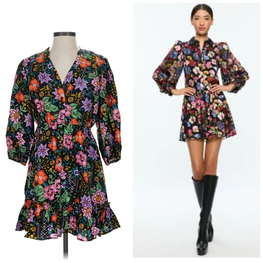 Avara Elena Floral Belted 3/4 Sleeve Mini Dress Black Multicolor Size XS - Picture 16 of 16
